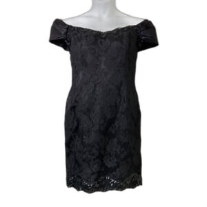 A.J. Bari Off Shoulder Cocktail Dress sz. 10 Black tie lace satin sequins VTG.